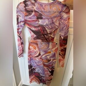Abstract Swirl Long Sleeve Mesh Skirt Set